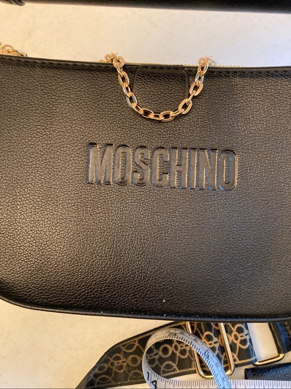 Designer Inspired 2-1 Black Crossbody with Gold Chain and Patterned Strap - Picture 7 of 8